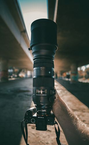 black Sony camera with telephoto lens
